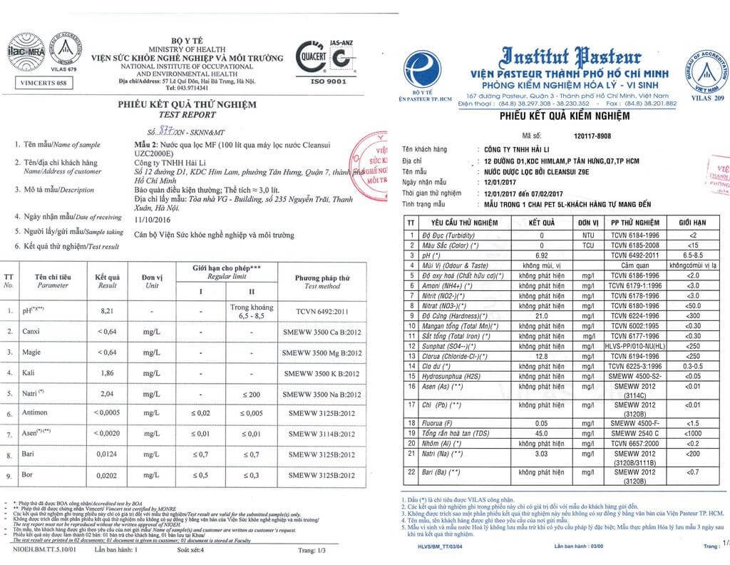 Phiếu kết quả kiểm nghiệm của máy lọc nước Mitsubishi Cleansui