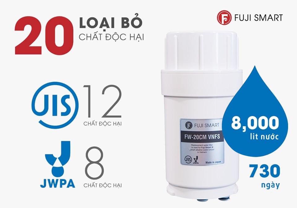 Máy lọc nước điện giải ion kiềm Fuji Smart i9 Nhật Bản sở hữu 1 lõi lọc tinh với 4 tầng lọc