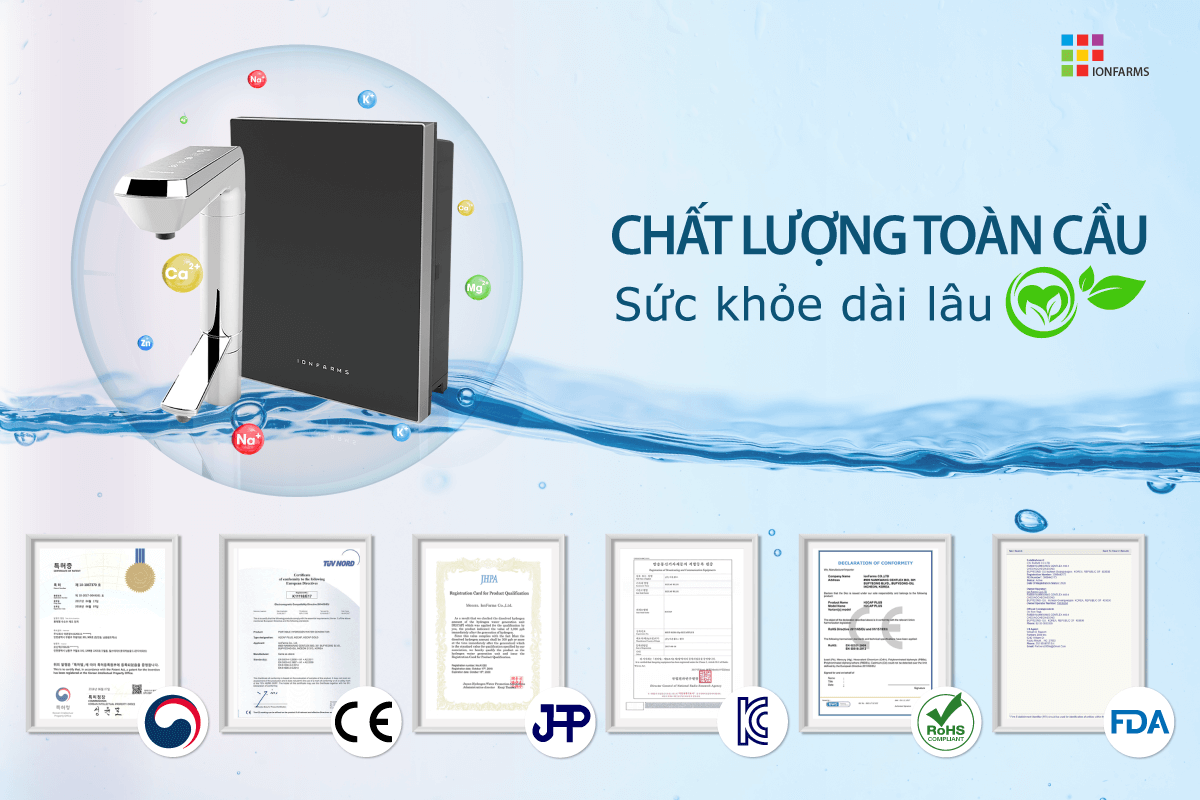 Chứng nhận chất lượng máy lọc nước điện giải ion kiềm IonFarms Alpha-U1700