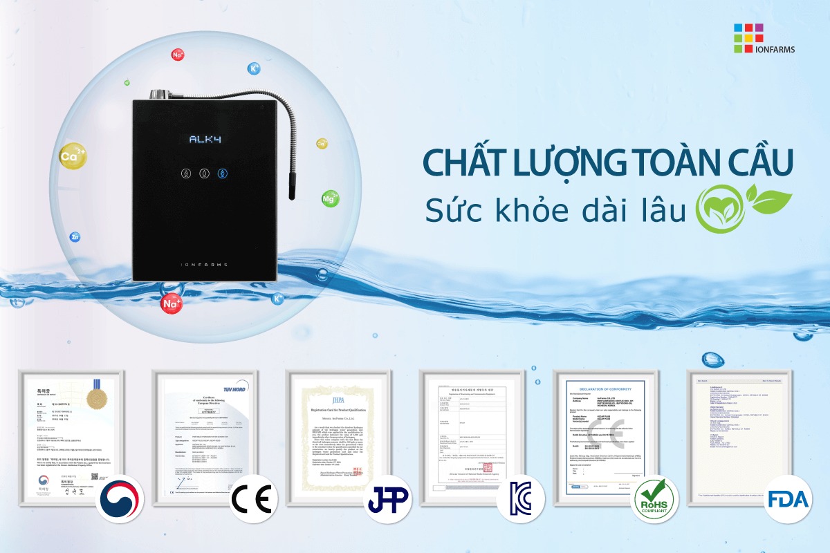 Máy lọc nước điện giải ion kiềm điện giải IonFarms Alpla-1700 đạt nhiều chứng nhận