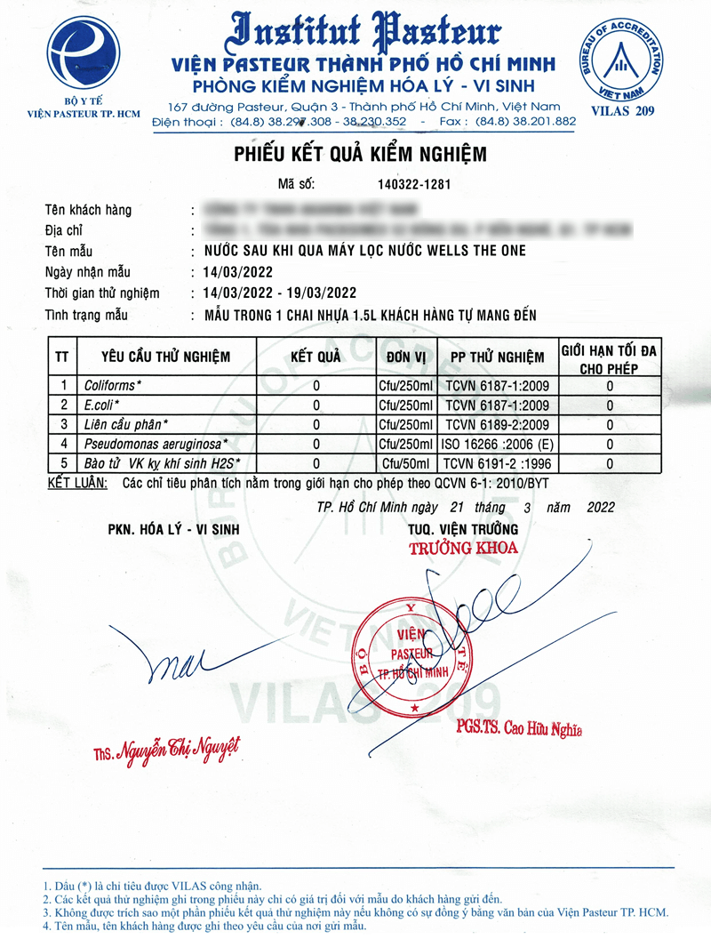 Phiếu kết quả kiểm nghiệm của Viện Pasteur TP.HCM đã công nhận máy lọc nước Wells The One loại bỏ hóa chất độc hại