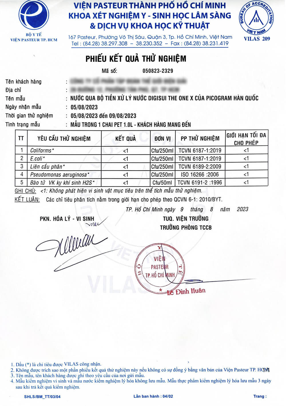 Nước sau lọc từ Digisui The One X được chứng nhận đạt chuẩn nước uống trực tiếp bởi Viện Pasteur