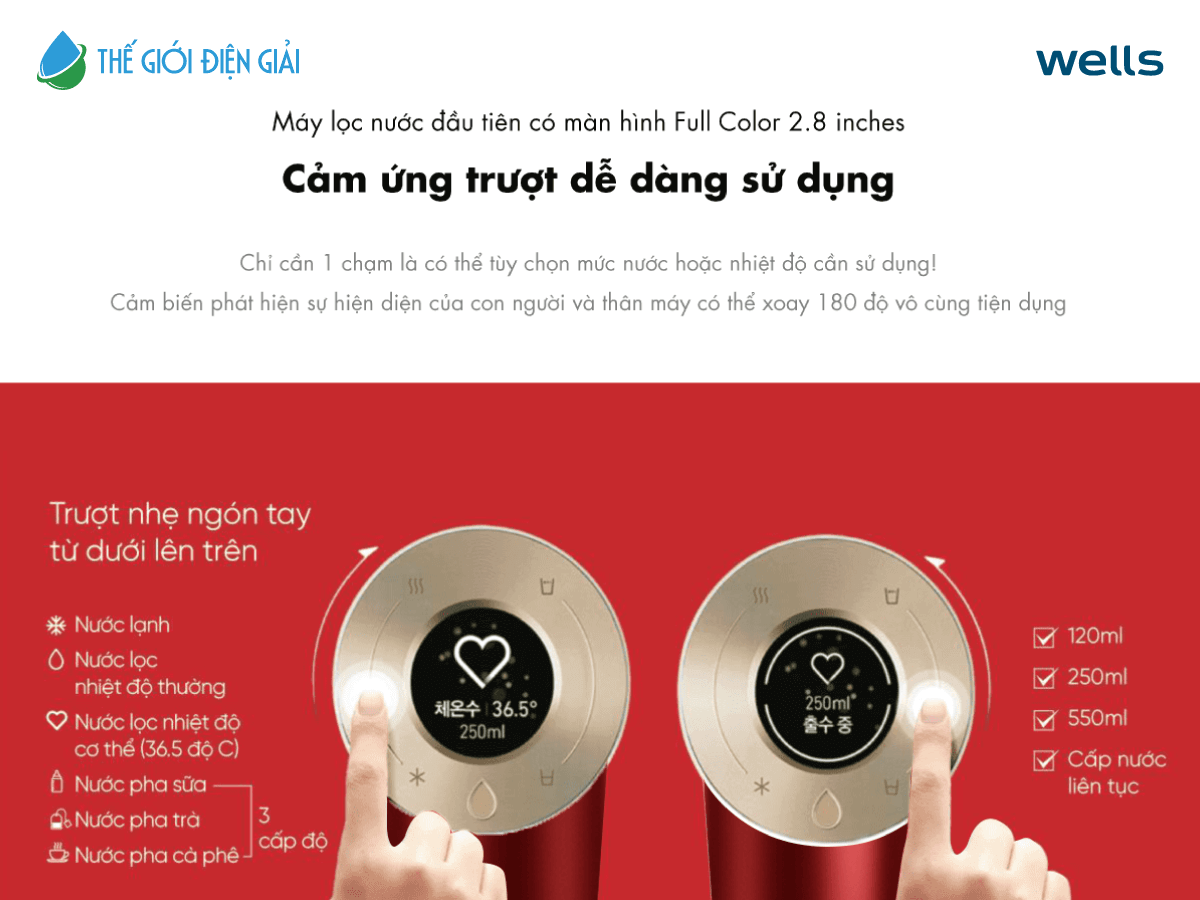 Máy lọc nước Wells The One Red cảm ứng sử dụng dễ dàng