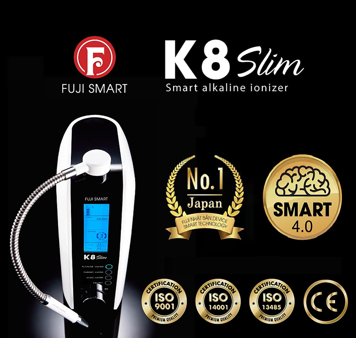 Máy lọc nước chính hãng loại tốt nhất, máy điện giải tạo nước ion kiềm Fuji Smart K8 Slim có thiết kế vô cùng nhỏ gọn với mức giá cực hợp lý