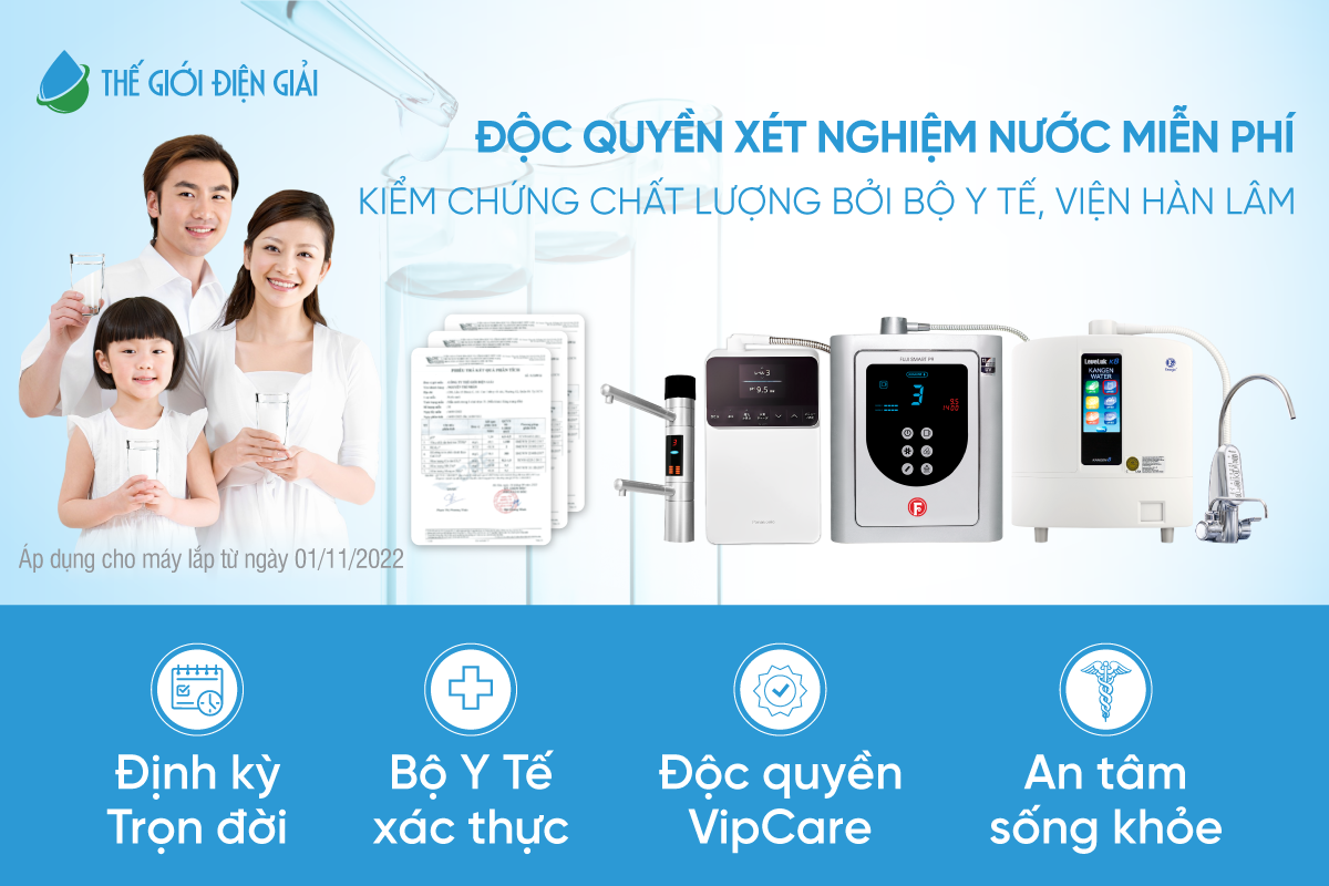 Thế Giới Điện Giải triển khai dịch vụ xét nghiệm nước miễn phí độc quyền được kiểm chứng bởi những đơn vị, tổ chức uy tín như Bộ Y tế, Viện hàn lâm