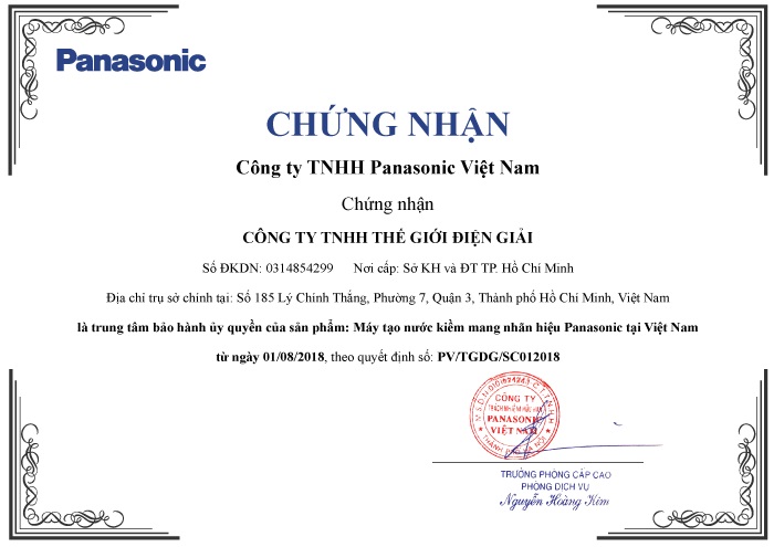 Thế Giới Điện Giải là Trung Tâm duy nhất bảo hành cho máy điện giải ion kiềm Panasonic tại Việt Nam