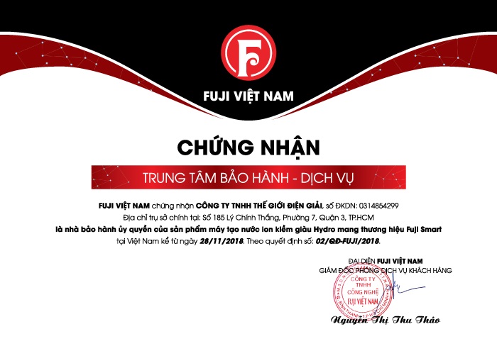 Tập đoàn Thiết Bị Y Tế Nhật Bản Tập đoàn Fuji Nhật Bản ủy quyền là Trung Tâm duy nhất bảo hành cho máy tạo nước ion kiềm giàu hydro thương hiệu Fuji Smart tại Việt Nam